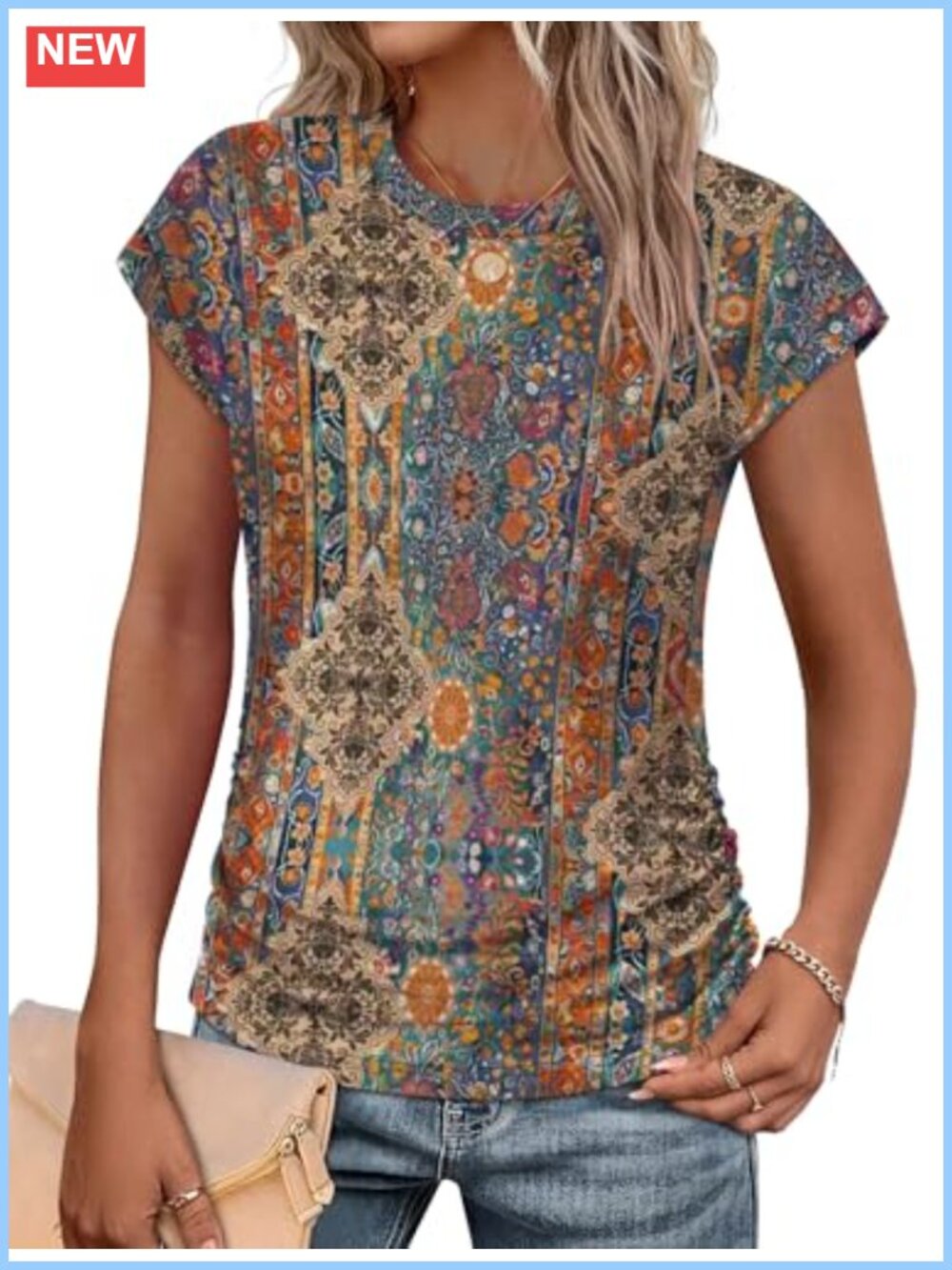 Women's Ruched Cap Sleeve T-Shirt Crew Neck Summer Top Casual